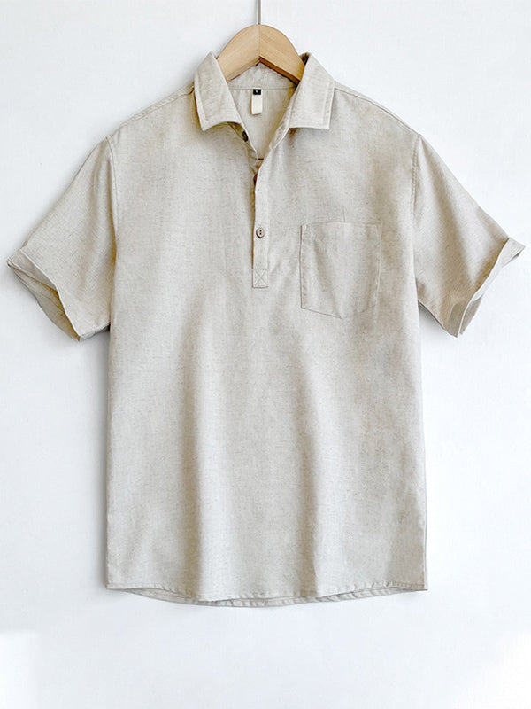 Men's Solid Color Cotton and Linen Short Sleeve Polo Shirt