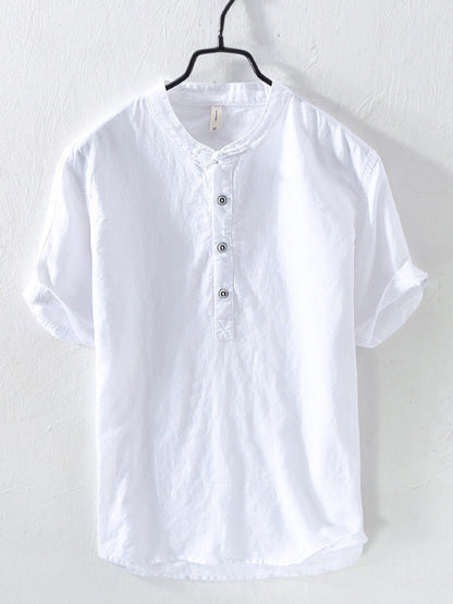 Men's Cotton And Linen Blended Stand Collar Short-sleeved T-shirt